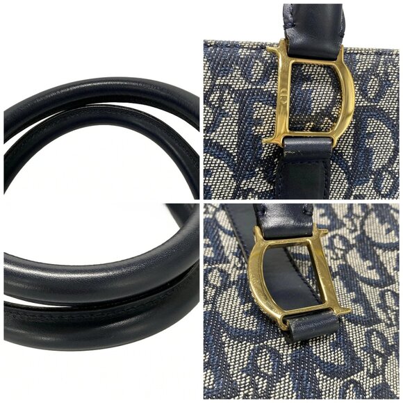 Auth DIOR/ChristianDior Trotteur Navy Dark Navy Cream Jacquard Leather Tote Bag - Picture 16 of 16